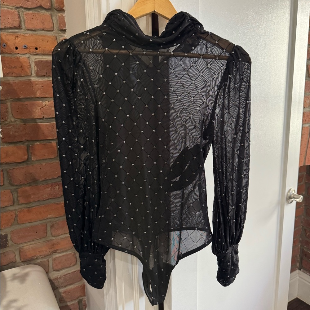 Camila Coelho Black Sheer Rhinestone Mesh Bodysuit - Women Tops